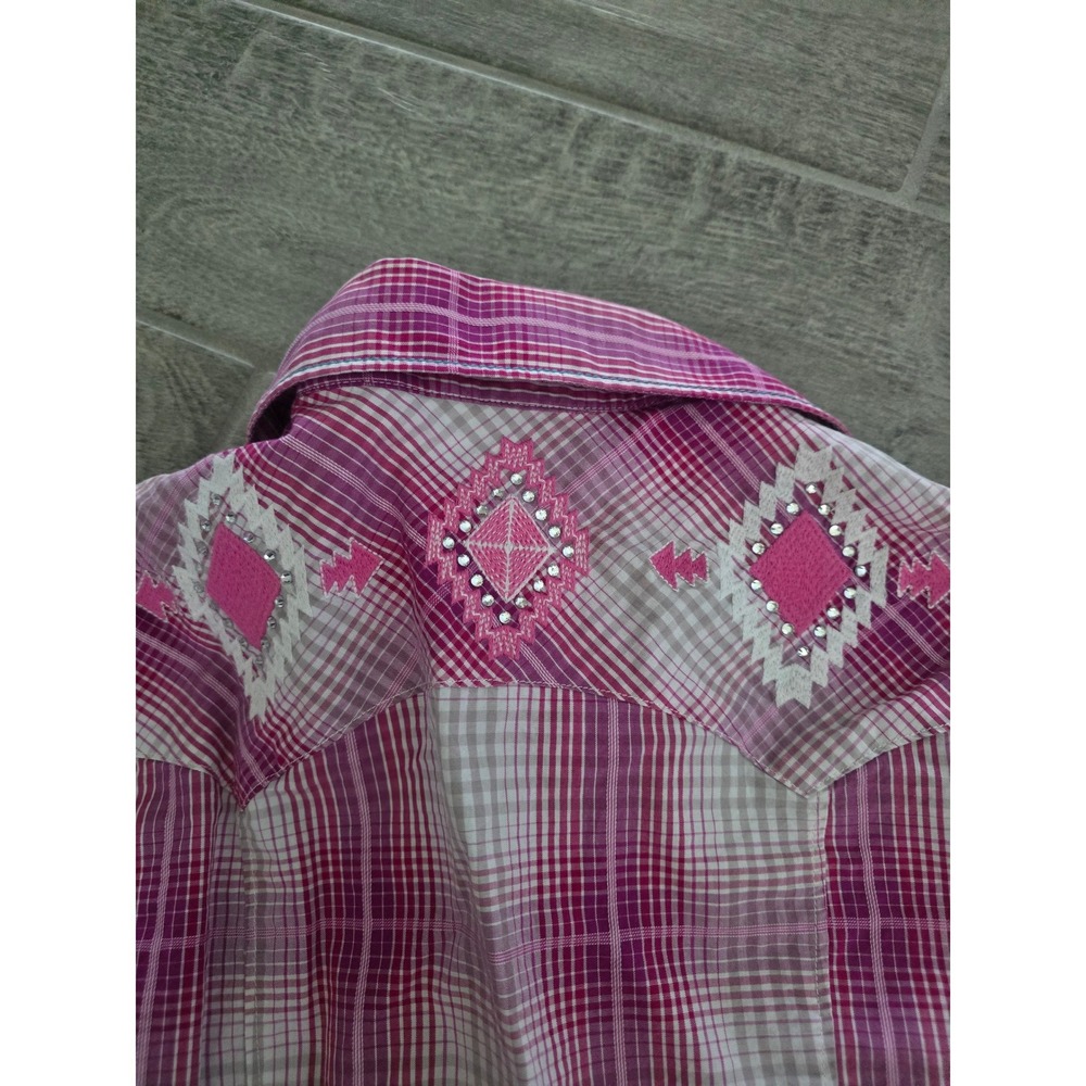 Rock & Roll Cowgirl Pink Plaid Rhinestone Embroidered Western Pearl Snap Shirt M - Picture 7 of 8